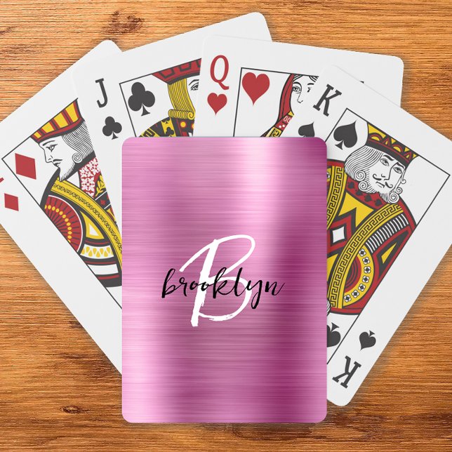 Pink Brushed Metal Black White Script Monogram  Playing Cards (Creator Uploaded)