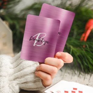 Pink Brushed Metal Black White Script Monogram Playing Cards