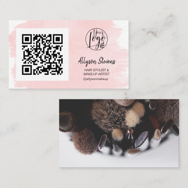 Pink brushstroke hair makeup photo qr code logo business card (Front/Back)