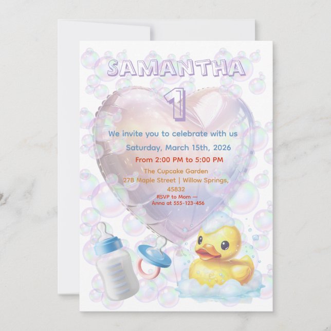 Pink Bubble Duck 1st Birthday Invite (Front)