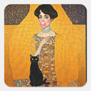 Pink Bubble Gum Lady with Black Cat Gustav Klimt Square Sticker