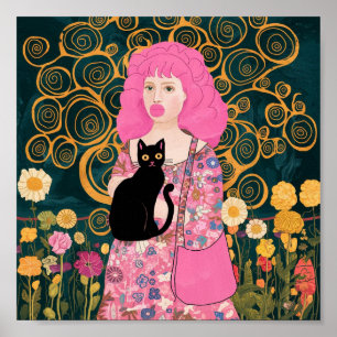 Pink Bubble Gum Lady with Gustav Klimt Cat Art Poster