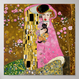 Pink Bubble Gum Lady with Gustav Klimt Cat Art Poster