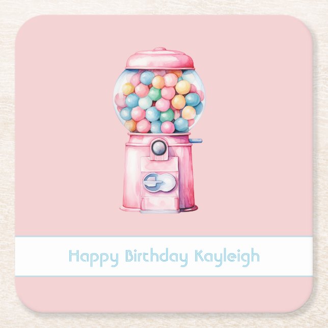 Pink Bubble Gum Whimsical Birthday Square Paper Coaster (Front)