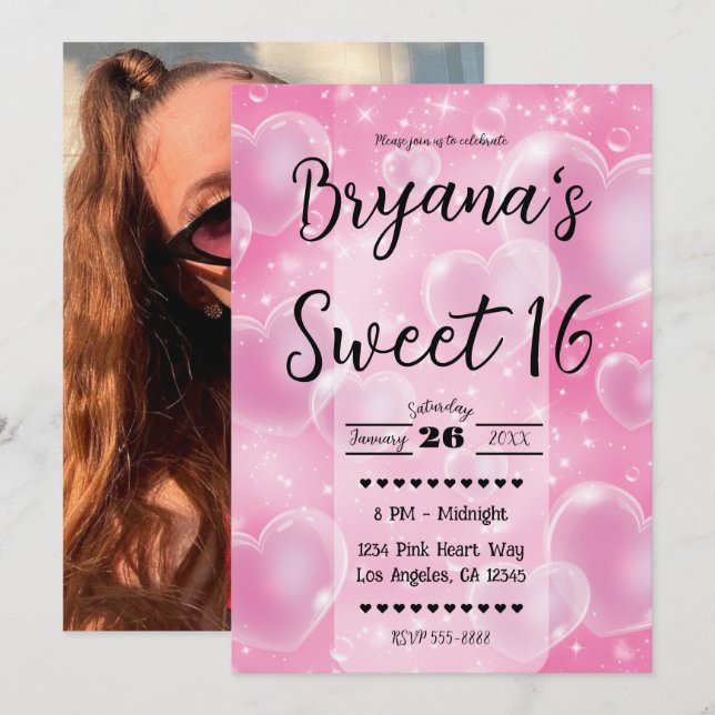 Pink Bubble Hearts Cute Girly 90's Birthday Party Invitation (Front/Back)