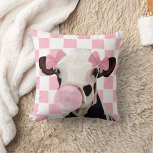 Pink Bubblegum Cow Checkerboard Pattern Background Throw Pillow