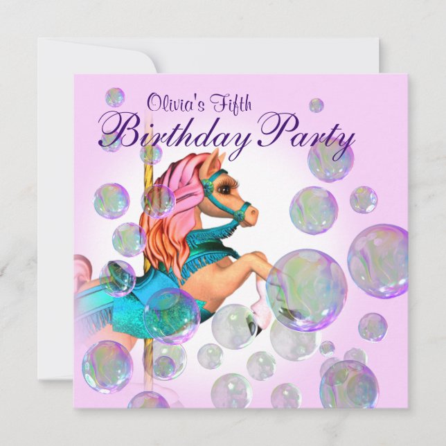 Pink Bubbles Carousel Pony Girls Birthday Party Invitation (Front)