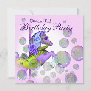 Pink Bubbles Carousel Pony Girls Birthday Party Invitation