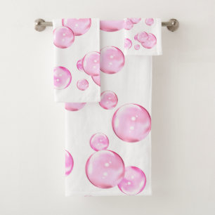 Pink Bubbles on White Bath Towel Set