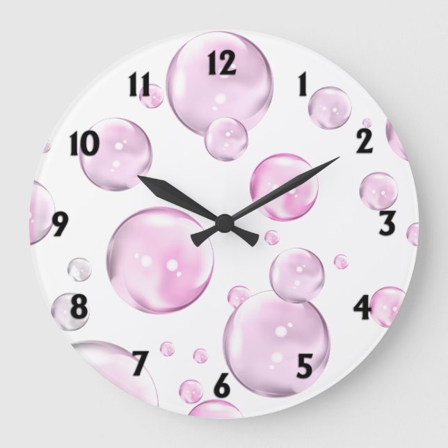 Pink Bubbles with Black Numbers Large Clock (Front)