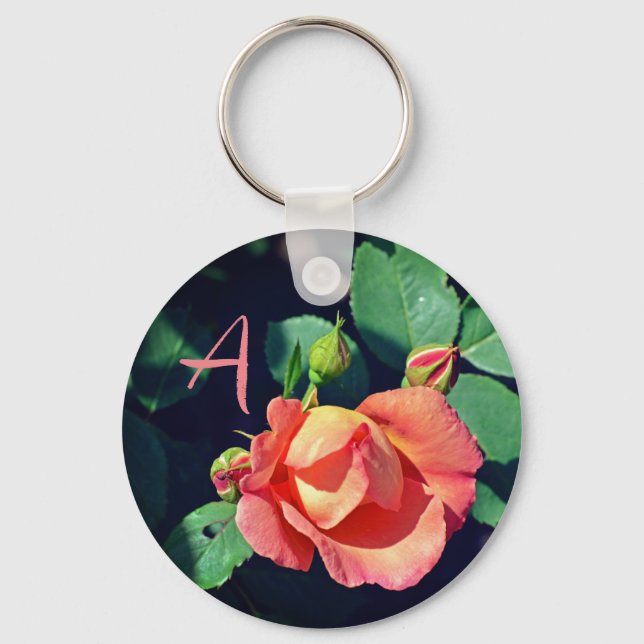 Pink Budding Rose Monogram Motivational Keychain (Front)