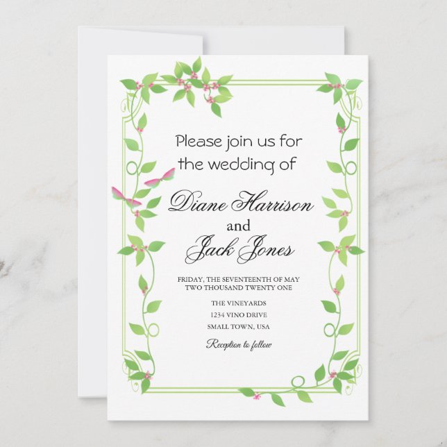 Pink Buds on Green Ivy Invitation (Front)