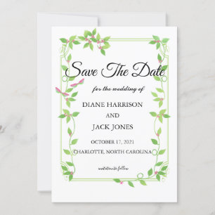 Pink Buds on Green Ivy Wedding Save The Date Cards