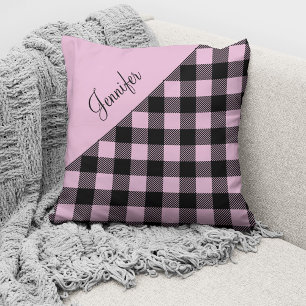 Pink Buffalo Plaid Check Pattern Custom Name Throw Pillow