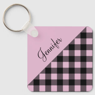 Pink Buffalo Plaid Check Pattern Name Keychain