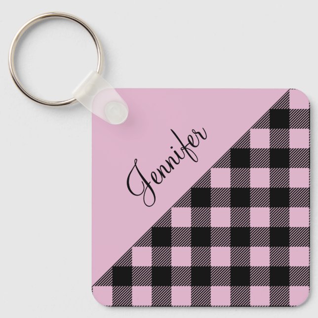 Pink Buffalo Plaid Check Pattern Name Keychain (Front)