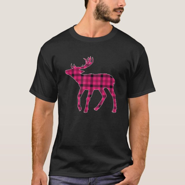 Pink Buffalo Plaid Deer Reindeer Head Christmas Xm T-Shirt (Front)
