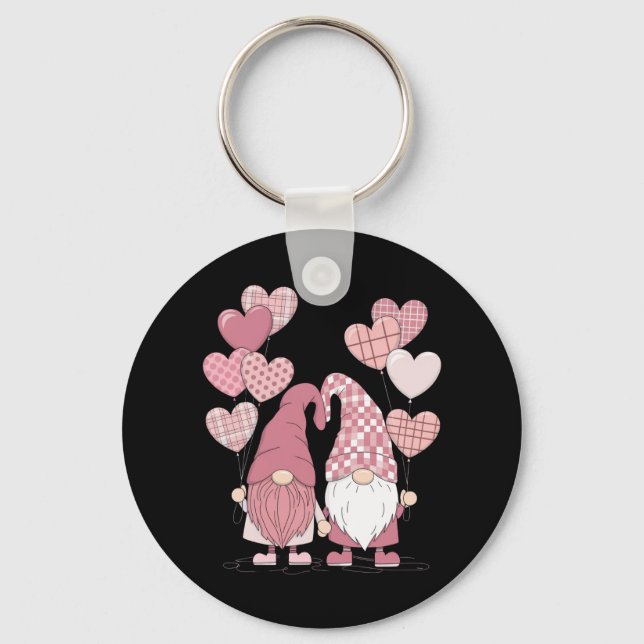 Pink Buffalo Plaid Heart Gnomes Valentine's Day  Keychain (Front)
