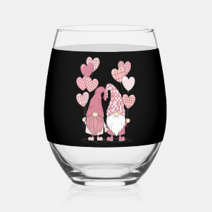Pink Buffalo Plaid Heart Gnomes Valentine's Day  Stemless Wine Glass