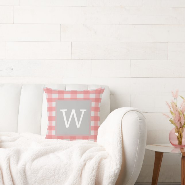 Pink Buffalo Plaid Monogram Throw Pillow (Couch)
