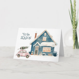 Pink Bug Car Brings the Tree Christmas Holiday Card