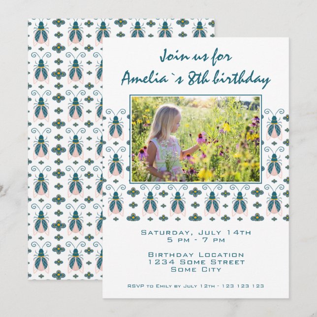 Pink Bugs Flower Pattern Girl Photo Birthday Invitation (Front/Back)