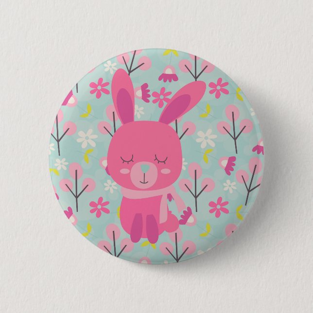 Pink Bunnies and Flowers 2 Inch Round Button (Front)
