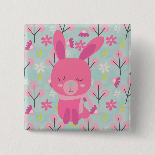 Pink Bunnies and Flowers 2 Inch Square Button (Front)