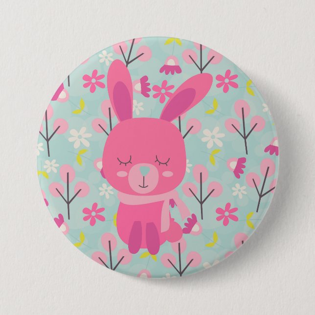 Pink Bunnies and Flowers 3 Inch Round Button (Front)