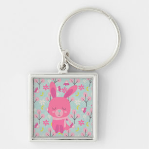 Pink Bunnies and Flowers Keychain