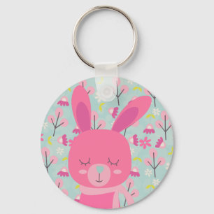 Pink Bunnies and Flowers Keychain