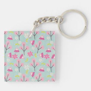 Pink Bunnies and Flowers Keychain