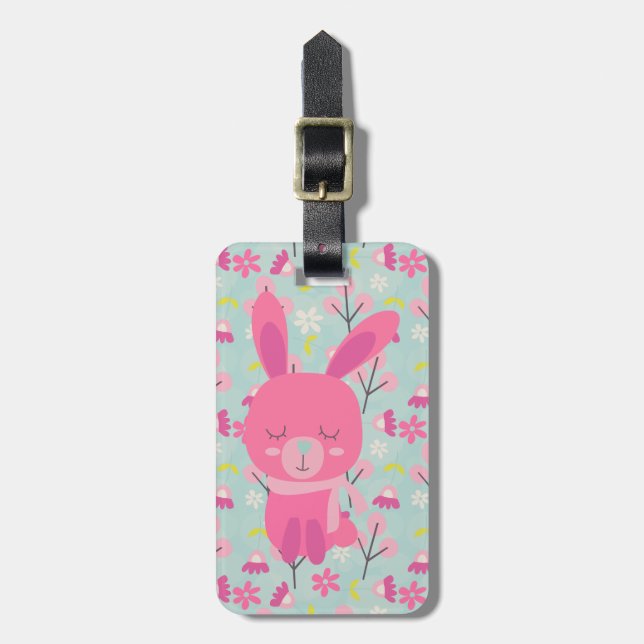 Pink Bunnies and Flowers Luggage Tag (Front Vertical)