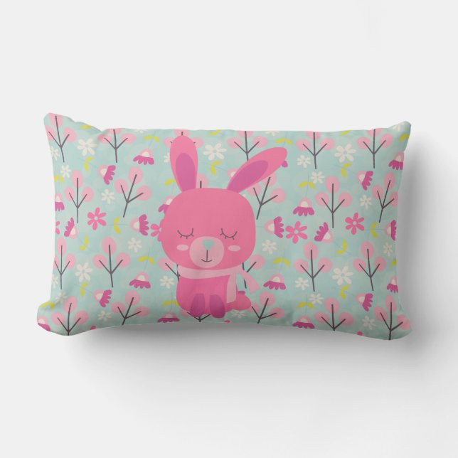 Pink Bunnies and Flowers Lumbar Pillow (Front)