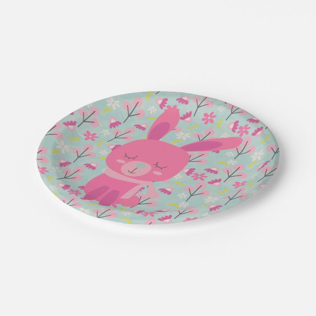Pink Bunnies and Flowers Paper Plate (Angled)