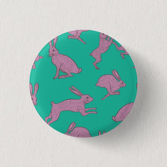 Pink Bunnies on Green Badge 1 Inch Round Button (Front)