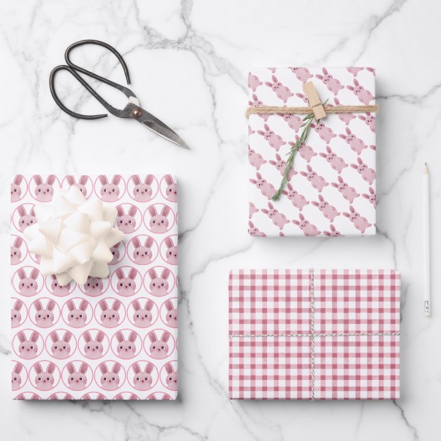Pink bunnies party wrapping paper sheet (Front)