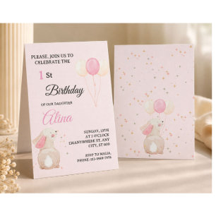 Pink Bunny 1st Birthday Invitation   Editable Baby