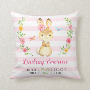 Pink Bunny Baby Girl Stats Toddler Newborn Nursery Throw Pillow