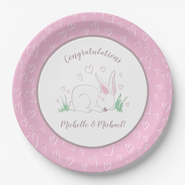 Pink Bunny Baby Shower Woodland Watercolor Paper Plate (Front)