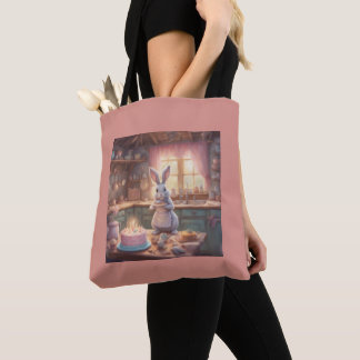 Pink Bunny Bakes Birthday in Cottagecore kitchen Tote Bag