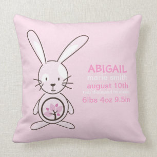 Pink Bunny Birth Announcement Throw Pillow