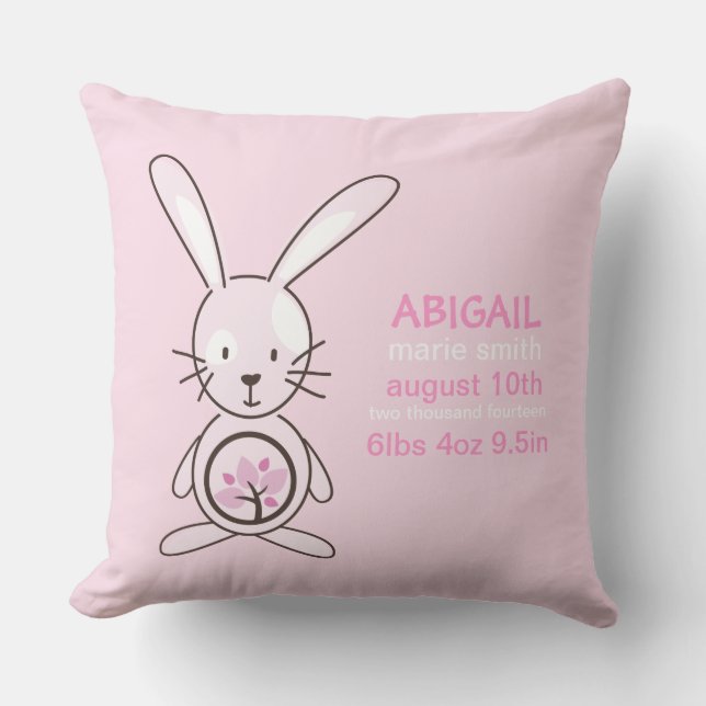 Pink Bunny Birth Announcement Throw Pillow (Front)