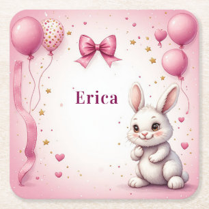 Pink Bunny Birthday Balloon 🐰 Square Paper Coaster