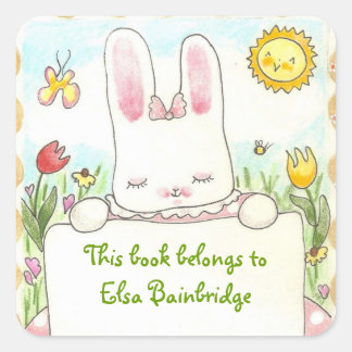 Pink bunny bookplate square sticker