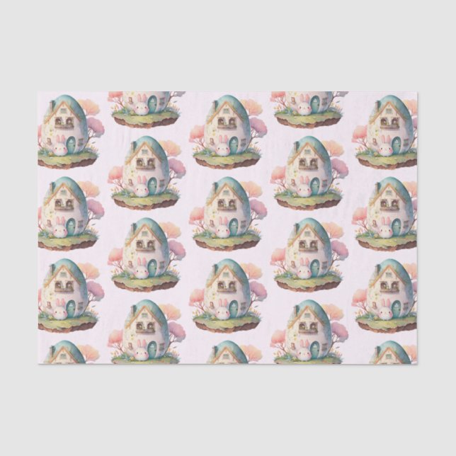 Pink Bunny & Egg Shaped House Kawaii Pattern Tissue Paper (Front)