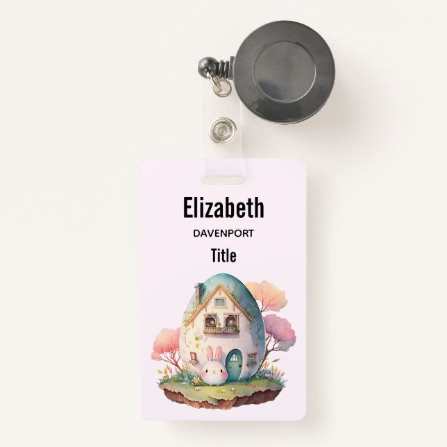Pink Bunny & Egg Shaped House Kawaii Style Badge (Front with Retractable)