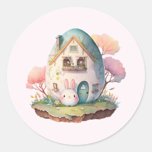 Pink Bunny & Egg Shaped House Kawaii Style Classic Round Sticker