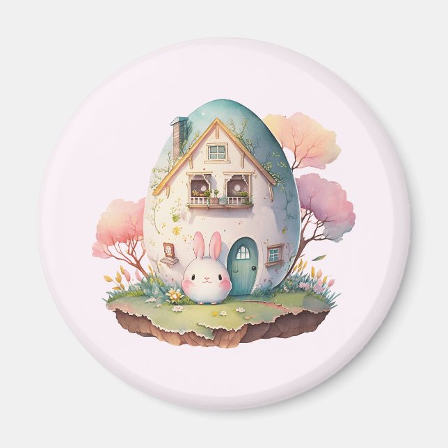 Pink Bunny & Egg Shaped House Kawaii Style Magnet (Front)