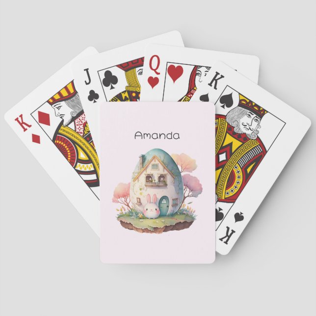 Pink Bunny & Egg Shaped House Kawaii Style Playing Cards (Back)